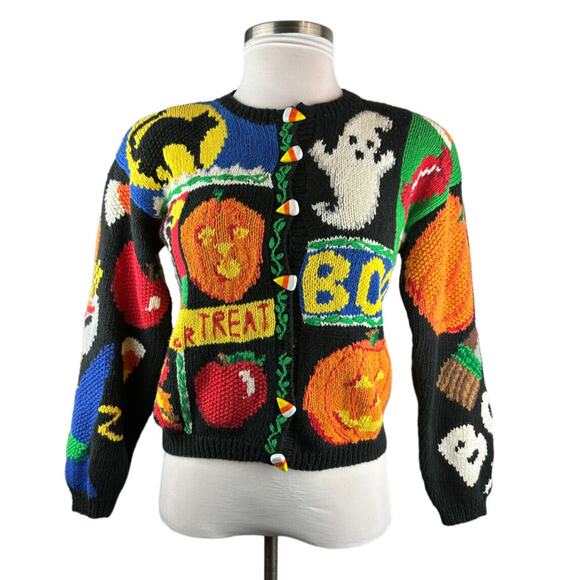 *Flawed The Eagles Eye Halloween Cardigan Sweater Hand Knit Candy Corn Buttons S - Picture 14 of 15